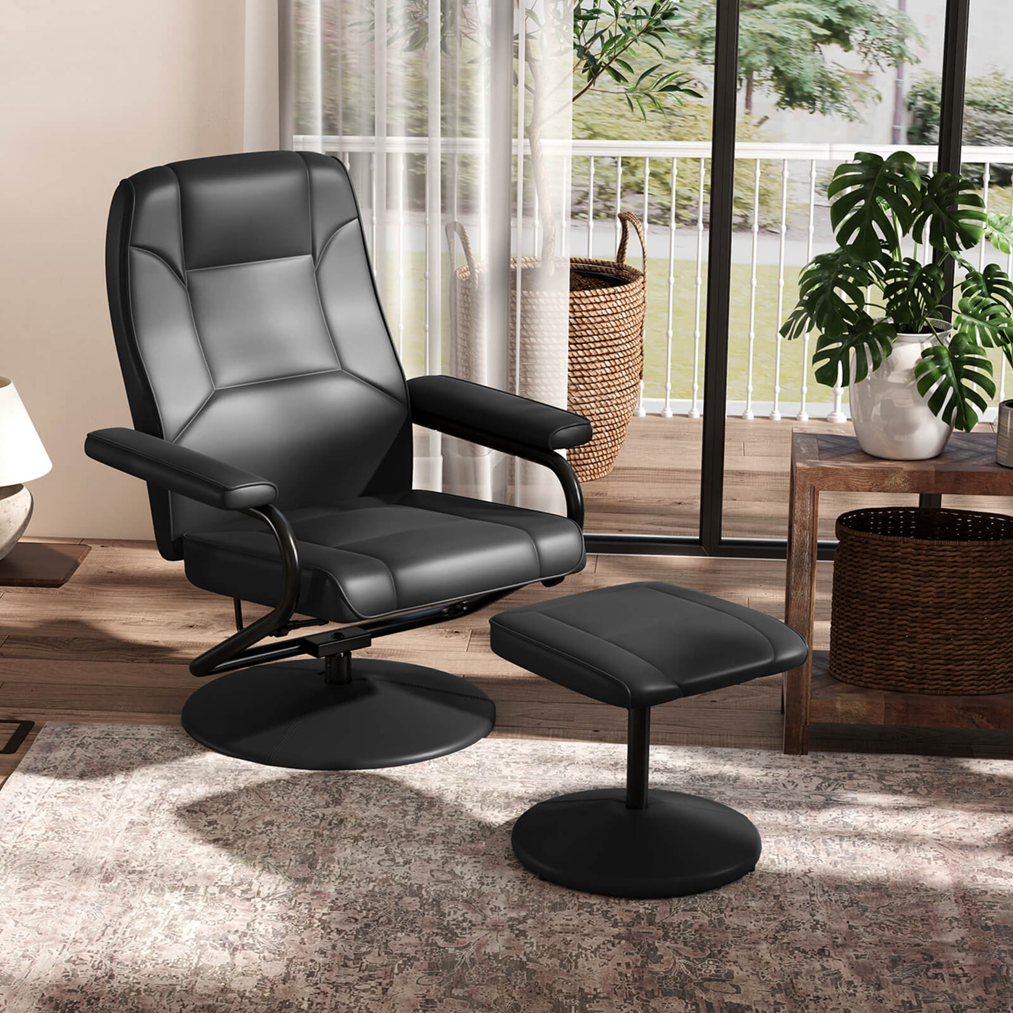 Costway Reclining Chair with Ottoman Lounge Accent Armchair Padded Seat Footrest Black