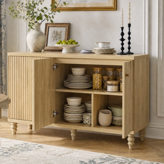Bestier Buffet Cabinet with Storage,Modern Fluted Sideboard Cabinet with 3 Doors & Adjustable Shelves,Wooden Credenza Coffee Bar Cabinet for Dining Room Kitchen Living Room Entryway,Natural Oak