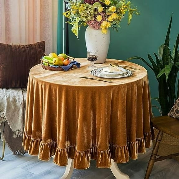 Velvet Tablecloth Luxurious Solid Round Table Cloth,Oblong Retro Farmhouse Ruffle Tablecloths Washable Table Cover for Party Wedding Baby Shower Kitchen Dinning Tabletop Decoration