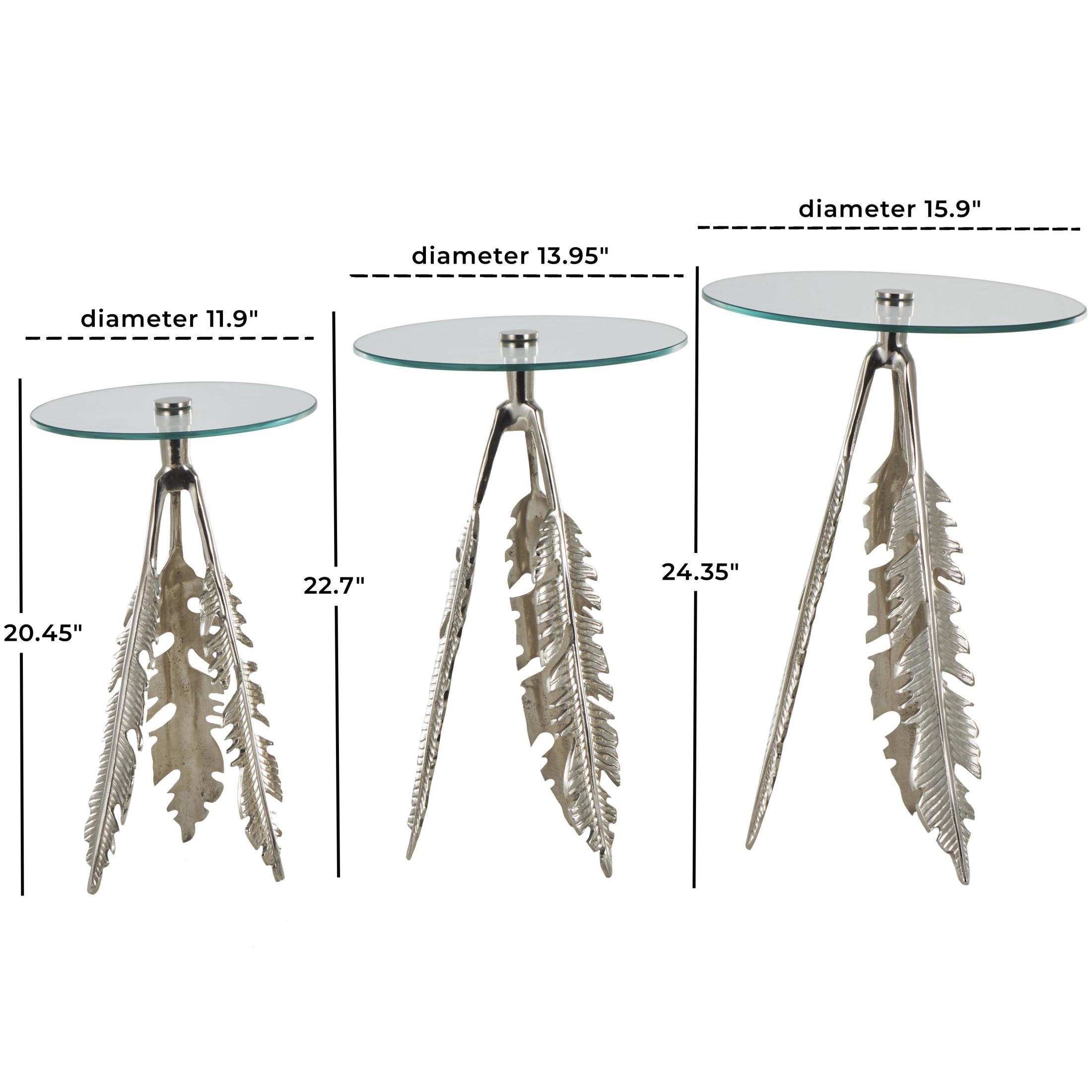DecMode 16" x 24" Silver Aluminum Metal Leaf Accent Table with Tripod Legs and Tempered Glass Top, 3-Pieces