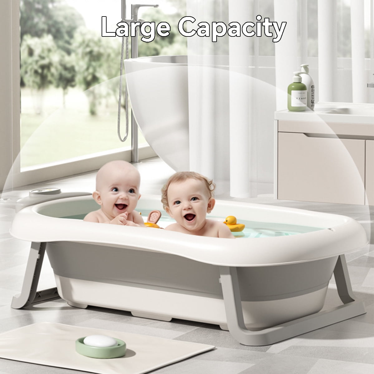 PUEDO Enlarged Collapsible Baby Bathtub for Infants to Toddler, with Thermometer, 3 Wash Basin and Bathing Net Cushion