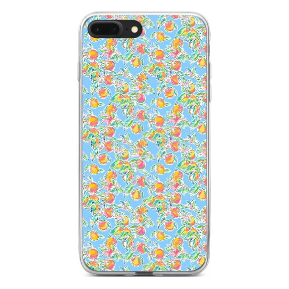 DistinctInk Clear Shockproof Hybrid Case for iPhone 7 PLUS / 8 PLUS (5.5" Screen) - TPU Bumper, Acrylic Back, Tempered Glass Screen Protector - Preppy Pattern - Orange & Blue Flowers Floral