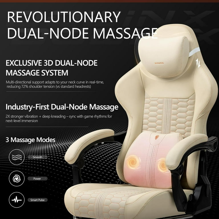 Dowinx Gaming Chair Big and Tall with Dual-Point Massage Lumbar Support, Video Game Chairs for Adults with Footrest, Ergonomic Computer Chair High Back 360° Swivel, PU Leather Recliner 350LBS, Ivory