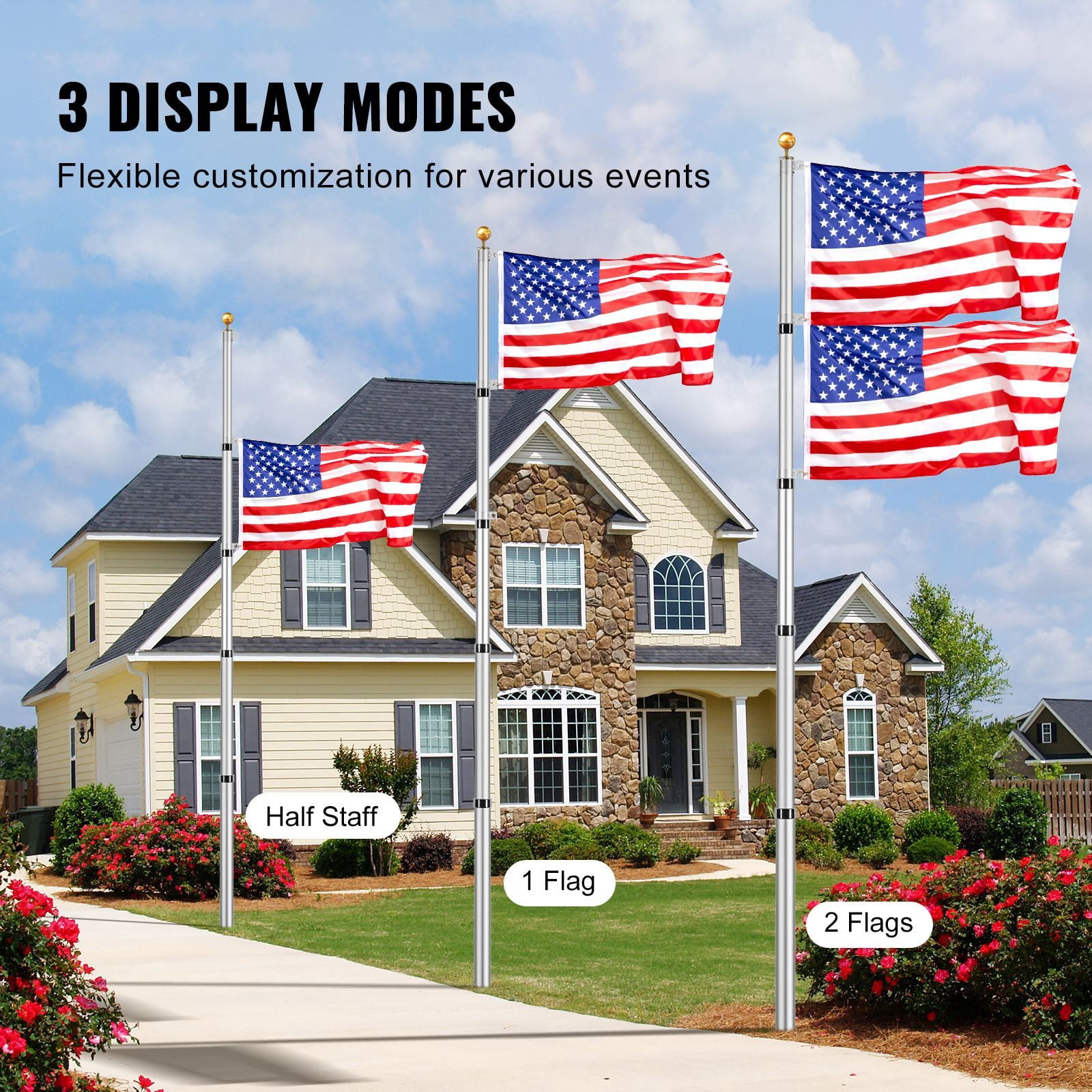 20FT Telescoping Flag pole Kit,Heavy Duty Aluminum Alloy in Ground Flag Poles for Outside,3 Display Modes Flagpole with 3x5 American Flag,Professional Accessories,Silver