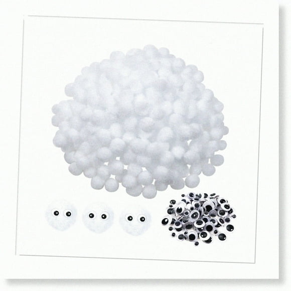 WhimsyCraft 570pcs White Pompoms & 100pcs Googly Eyes - 1cm Fuzzy Pom Poms Balls Arts & Crafts Supplies for DIY Decorations