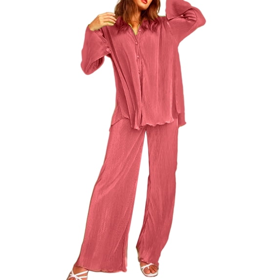Liacowi Women 2 Piece Pajamas Set Long Sleeve Button Down Pleated Shirt + Pants Loungewear Streetwear