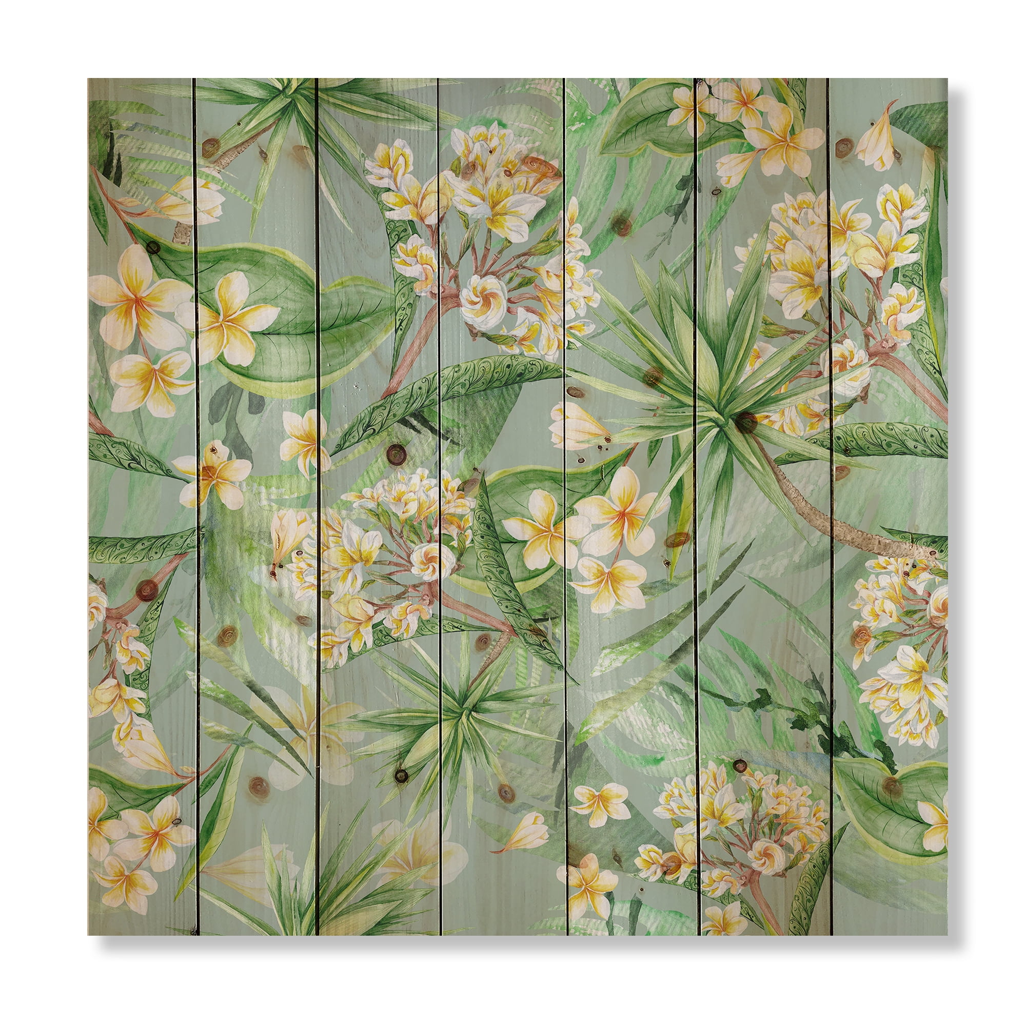 Designart 'Yellow Flowers and Tropical Foliage XIV' Modern Print on Natural Pine Wood