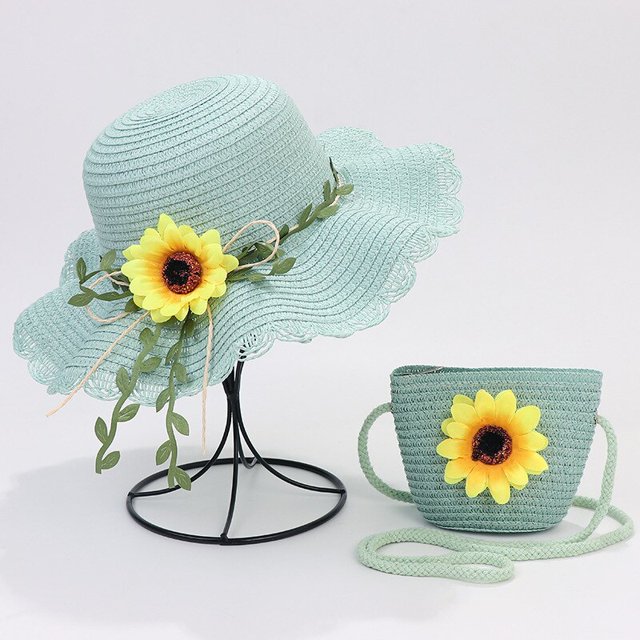 Conjunto de sombrero de paja de verano para niñas, bolso de mano, sombrero de Sol de flores, Sombrero de Panamá, sombrero de Sol para niños, niñas pequeñas