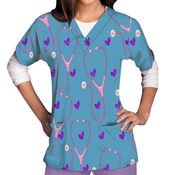 Generic Women's Fashion Print V-Neck Scrub Top with Pockets - Comfortable Work Uniform