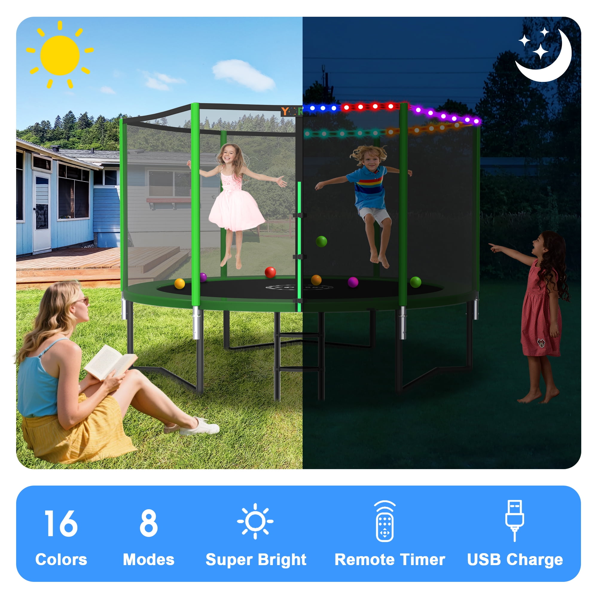 YORIN 8FT 10FT 12FT 14FT Trampoline with Enclusore Net, Sprinkler & LED Lights, 800LBS Capacity Outdoor Trampoline for 2–3 Kids, Safety Enclosure Net, Ladder, Heavy-Duty Backyard Round Trampoline