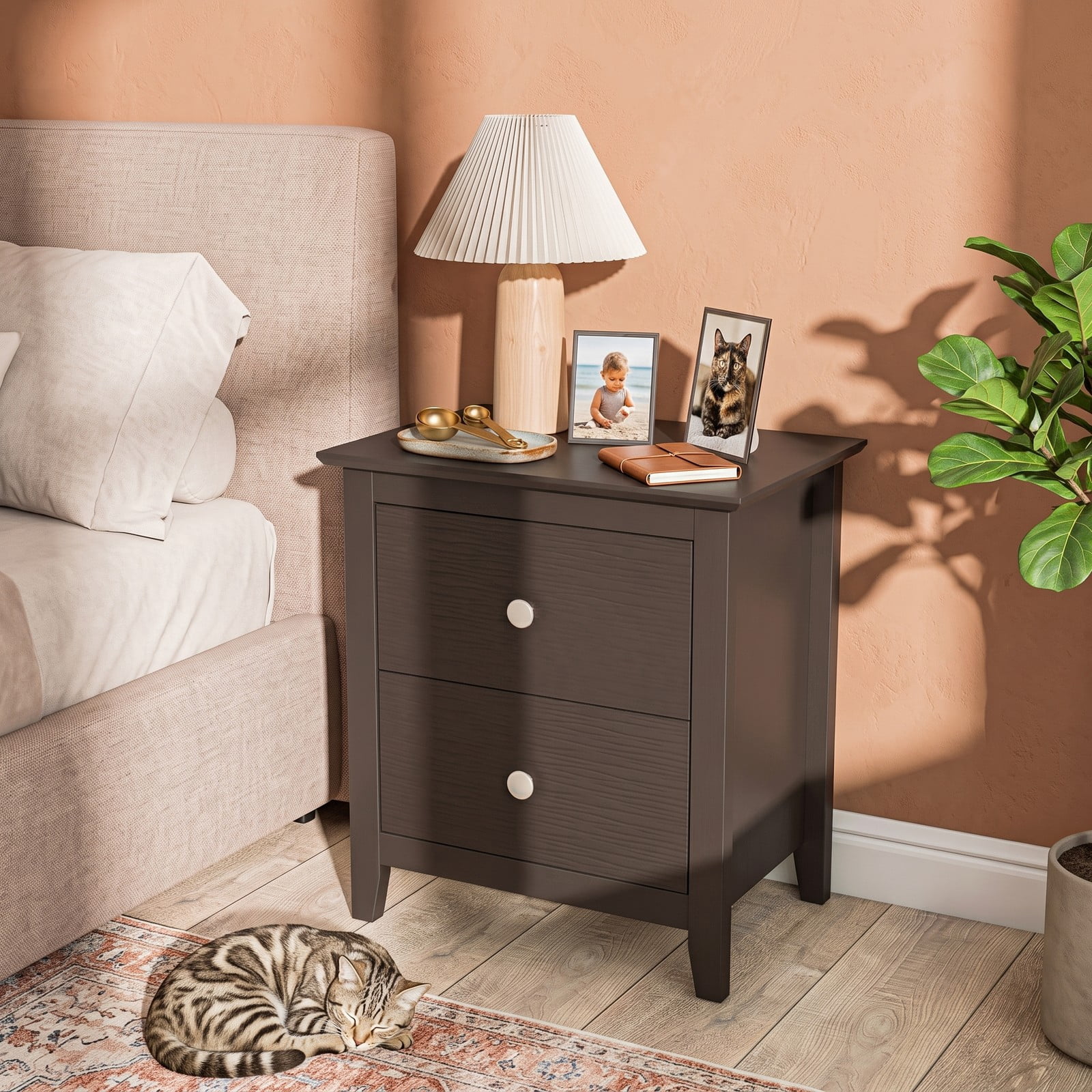 Furnibear Modern 2-Drawer Nightstand for Small Spaces with Sleek Metal Handles and Smooth Slides for Bedroom and Living Room, Espresso