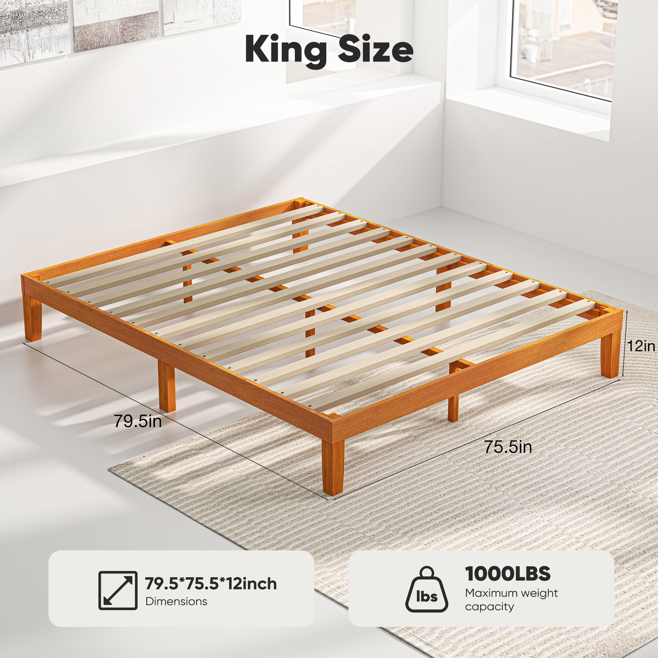 JIOABL King Size Wood Bed Frame, 12in Platform with Support Slats, No Spring Needed, Natural Pine