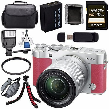 Fujifilm X-A3 Digital Camera w/ 16-50mm Lens (Pink) 16531659 + NP-W126 Lithium Ion Battery + Sony 32GB SDHC Card + Carrying Case + Tripod + Flash + Card Reader + Memory Card Wallet (Best Lens For Fujifilm Xa3)