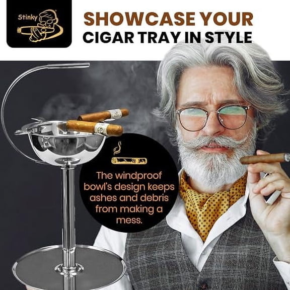 Stinky Cigar Silver Floor Standing Cigar Ashtray with Windproof Design, Stainless Steel Ashtray featuring a Deep Bowl with 4 Stirrups and 12" Accessory Tray - Stylish Indoor & Outd