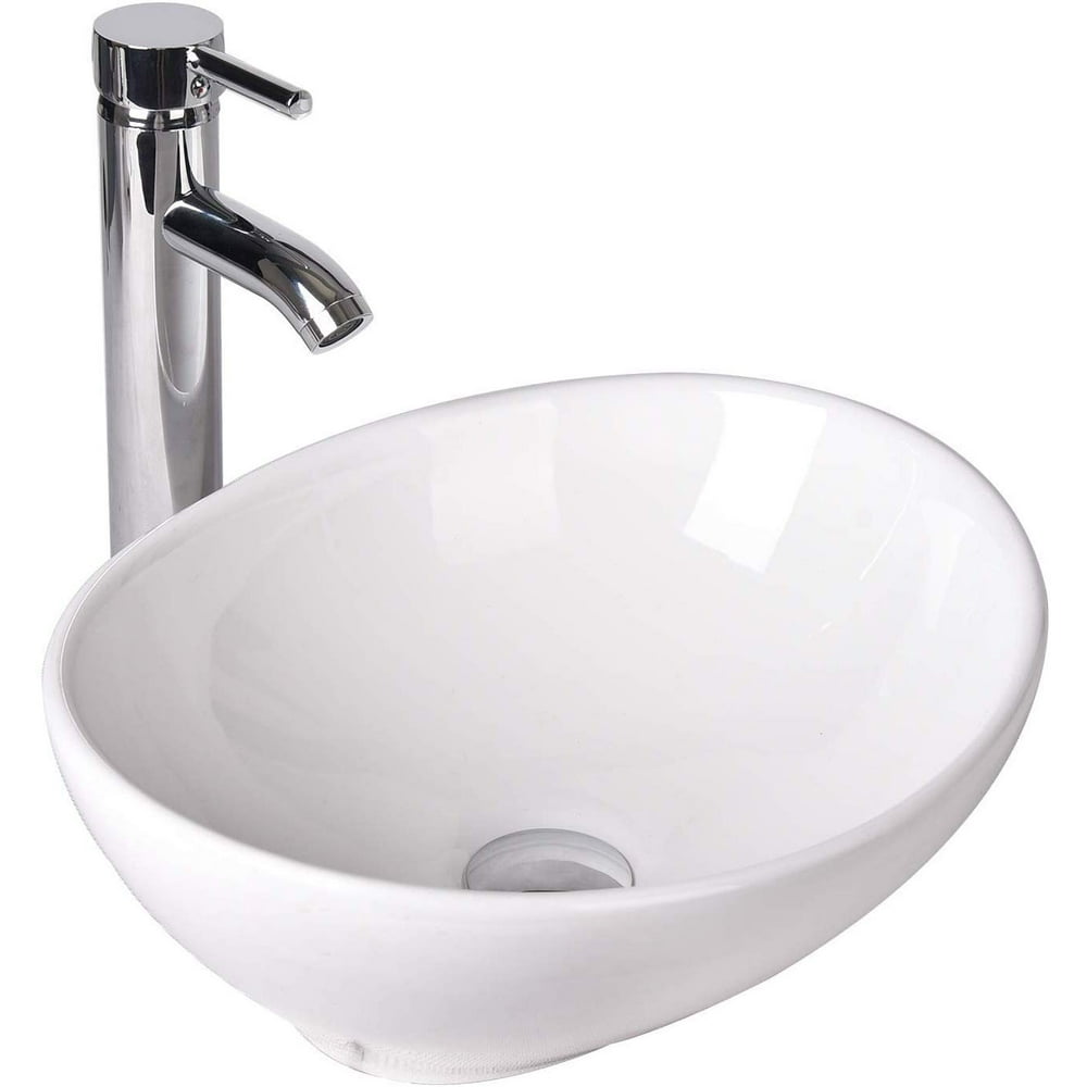ELECWISH Oval Ceramics Vessel Sink and Faucet Combo White Countertop Basin Bathroom Vanity