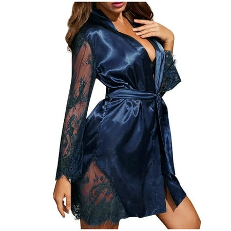 

Women Self Tie Belted Satin Nightgown Bathrobe Lace Long Sleeve V Neck Solid Night Robe Sleepwear