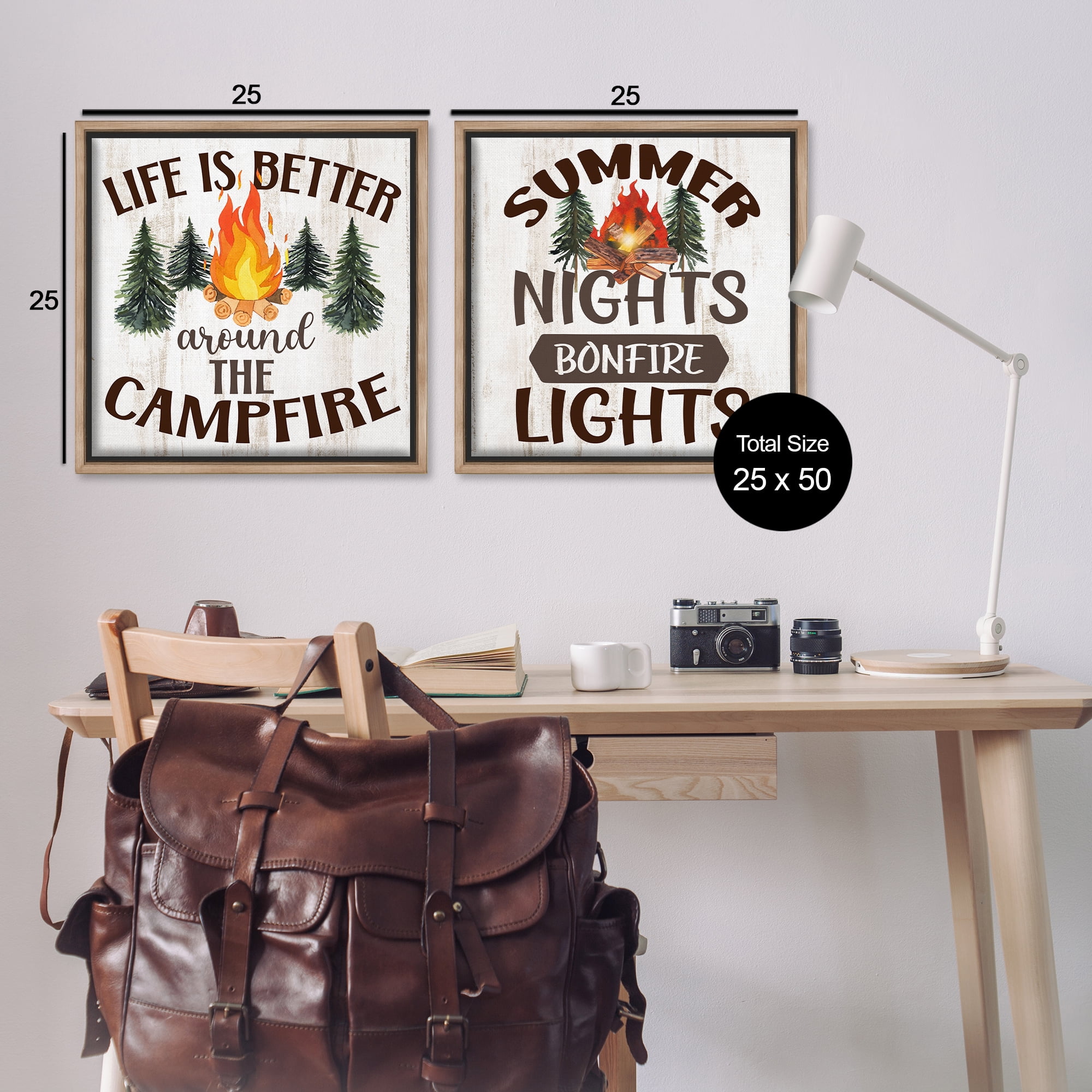 Stupell Industries Summer Nights Campfire Text & Numbers Painting Brown Floater Framed Canvas Art Print Wall Art, 25 x 25, Set of 2
