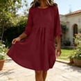 thumbnail image 4 of FEIIBMOYRIA Women Round Neck Dresses Women's Cotton-Linen Blend Long Sleeve Midi Dresses Gathered 3/4 Sleeves High Waist Loose Comfy A‑Line Daily Outwear Dresses, 4 of 6