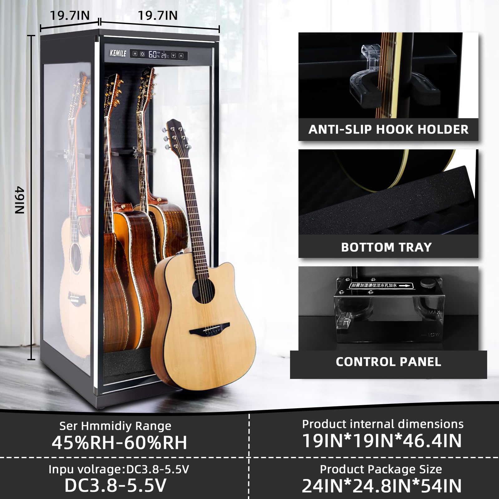 Chehery Guitar Display Case for Electric & Acoustic Guitars - Humidity Control Cabinet with Hygrometer & Humidifier | Glass Door Showcase for Collectible & Vintage Guitars | 45-60% RH Stability