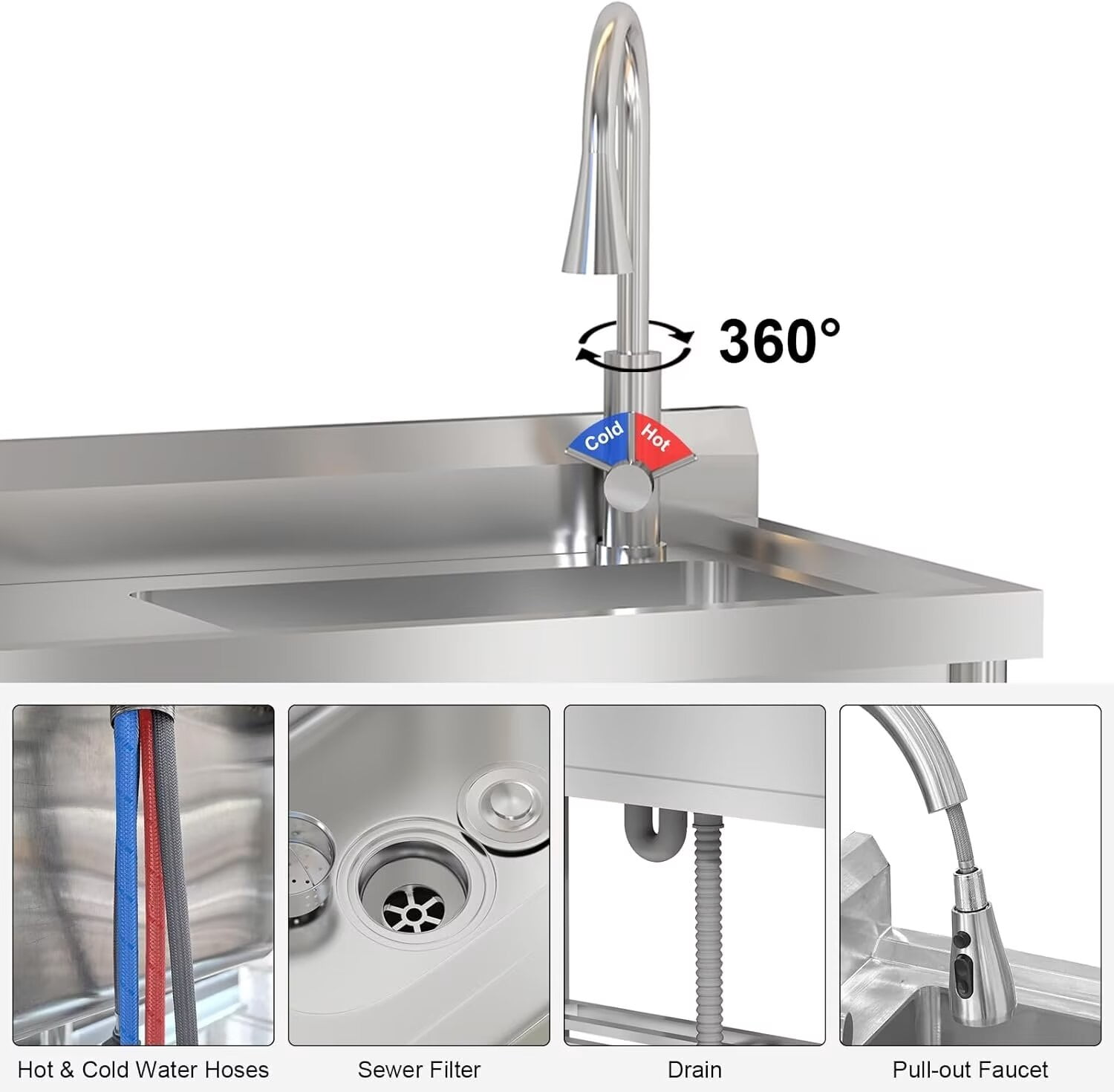 BENESKY 47 inch Stainless Steel Utility Sink, Commercial Kitchen Single Bowl Sink with Cold and Hot Water Faucet, Hoses and Drain Kit, Stainless Utility Sink for Kitchens, Bathrooms