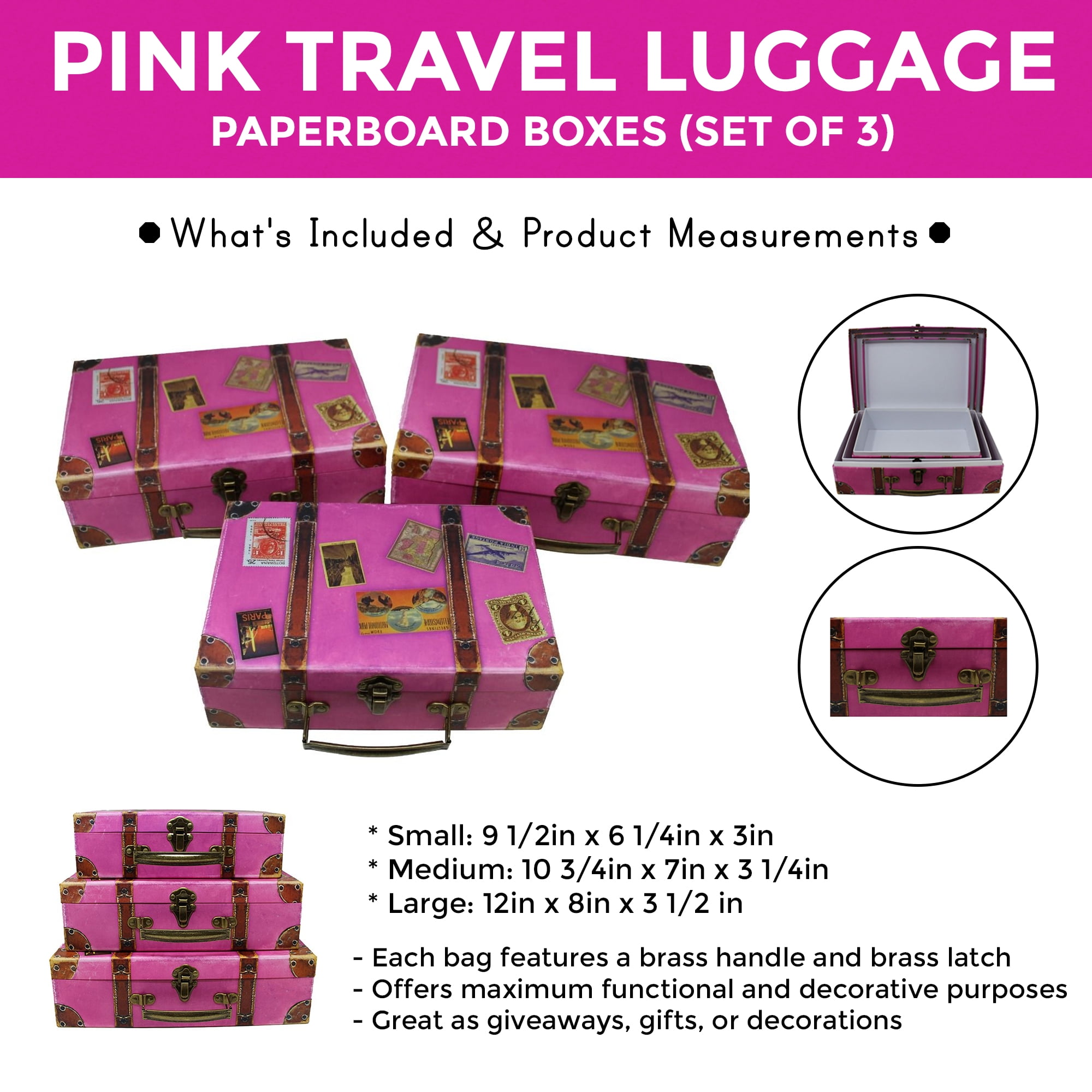 Pink Paperboard Suitcases, Set of 3 Vintage Style Storage Boxes (3