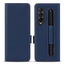 Dteck Case for Samsung Galaxy Z Fold 3 5G 2021,Luxury Leather Magnetic Flip Card Holder Wallet Case with S-Pen Holder Pocket Hybrid PC Protective Cover,Blue