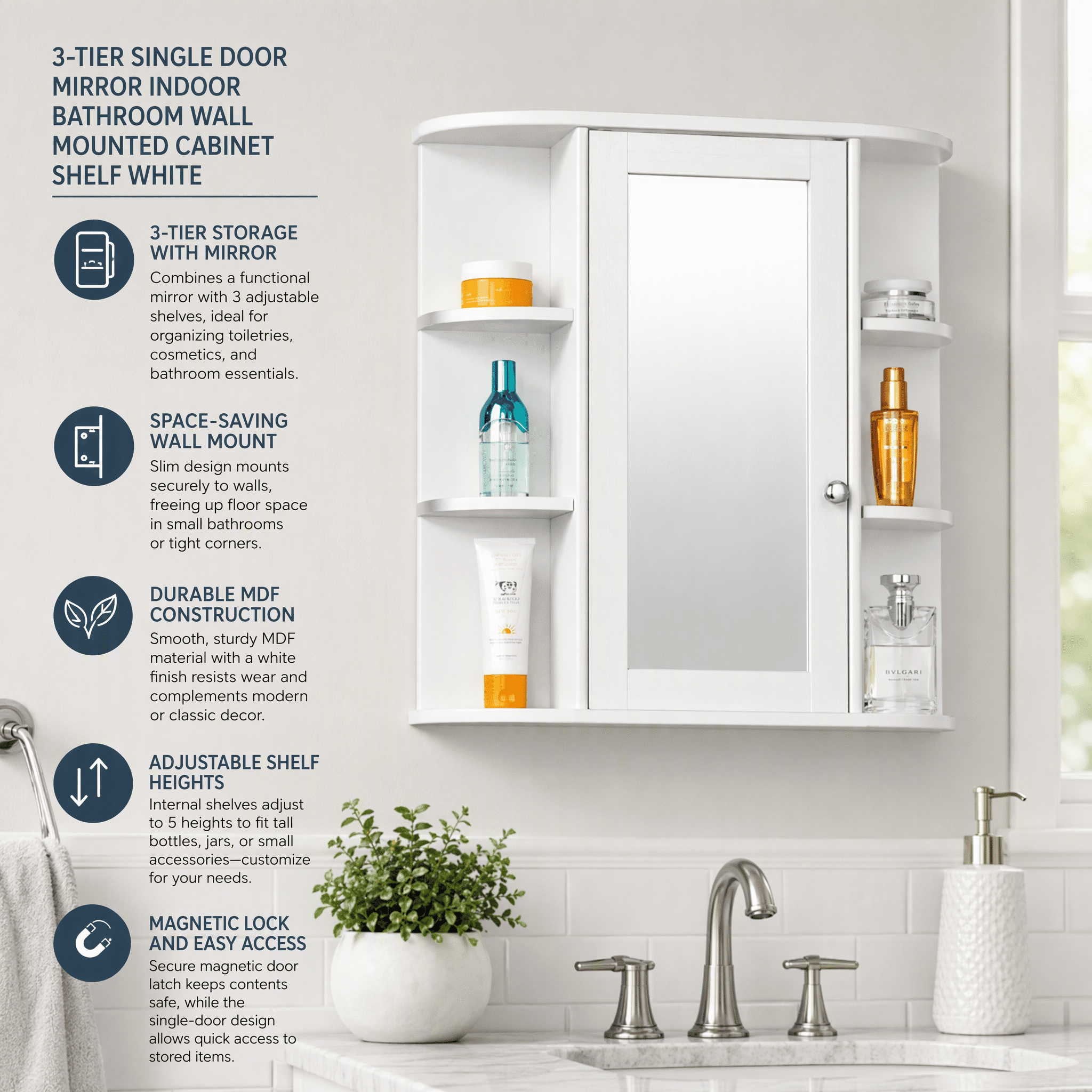 3-tier Single Door Mirror Indoor Bathroom Wall Mounted Cabinet Shelf White