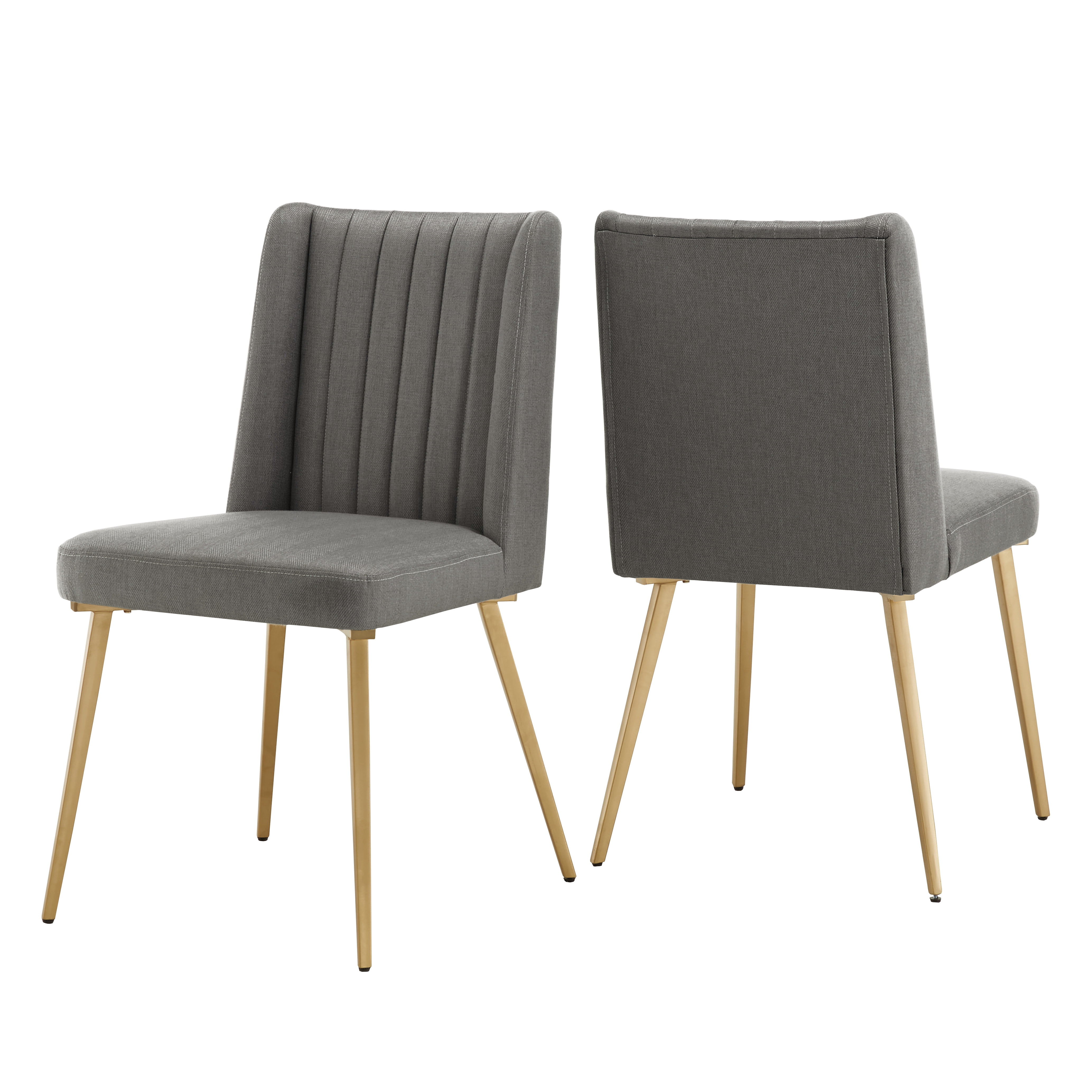 Ember Interiors Ponce Gold Finished Metal Fabric Upholstered Dining Chairs, Set of Two, Dark Grey
