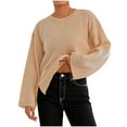 thumbnail image 2 of GaThRRgYP Women's Cable Knit Sweater Warm,Woman Leisure Comfortable Leisure Solid Color Round Neck Trumpet Sleeve Long Sleeve Shirt Round Neck Sweater Beige S, 2 of 8