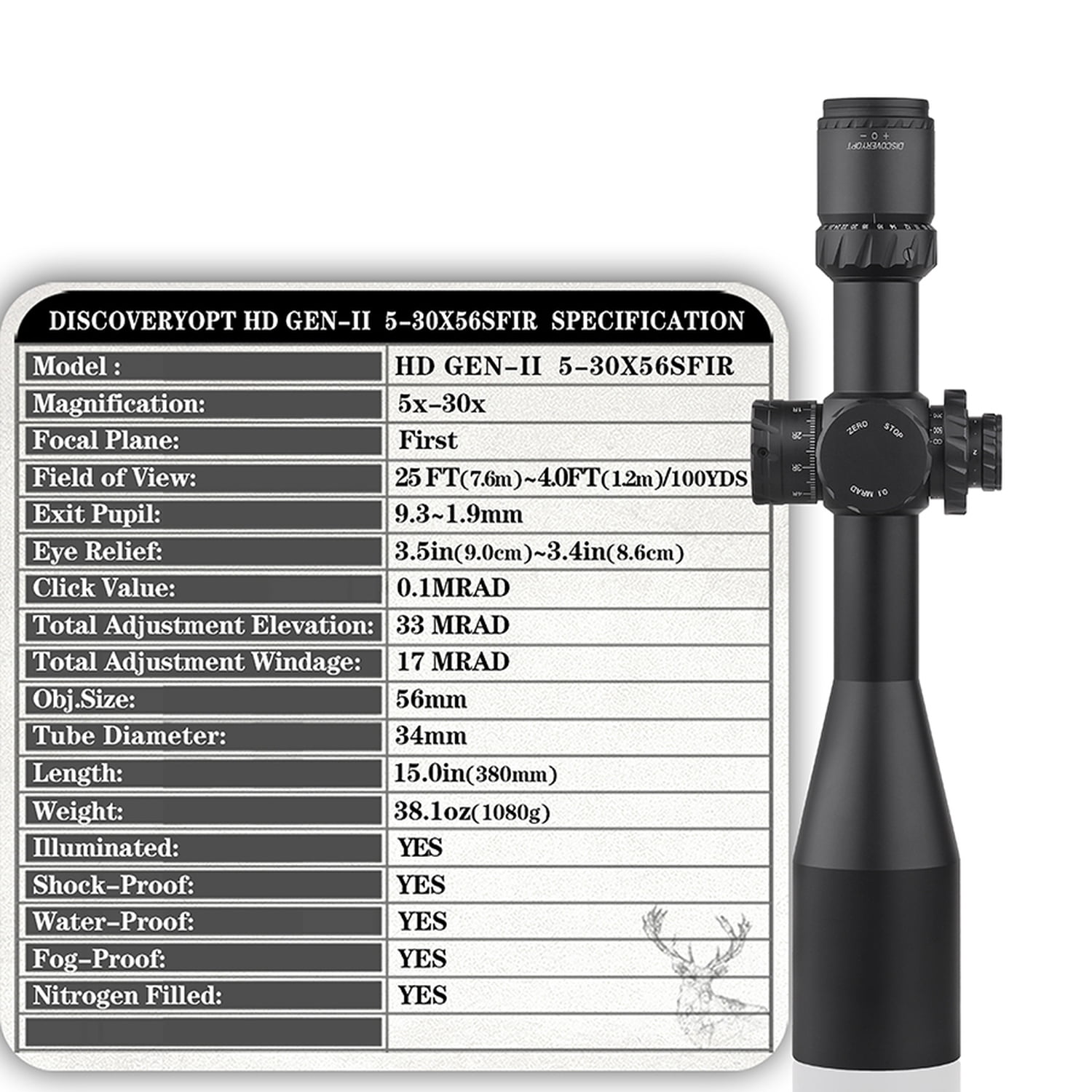 DISCOVERYOPT HD GEN2 5-30X56 FFP Riflescope 34mm Side Focus Illumination Reticle Long-Range Shooting