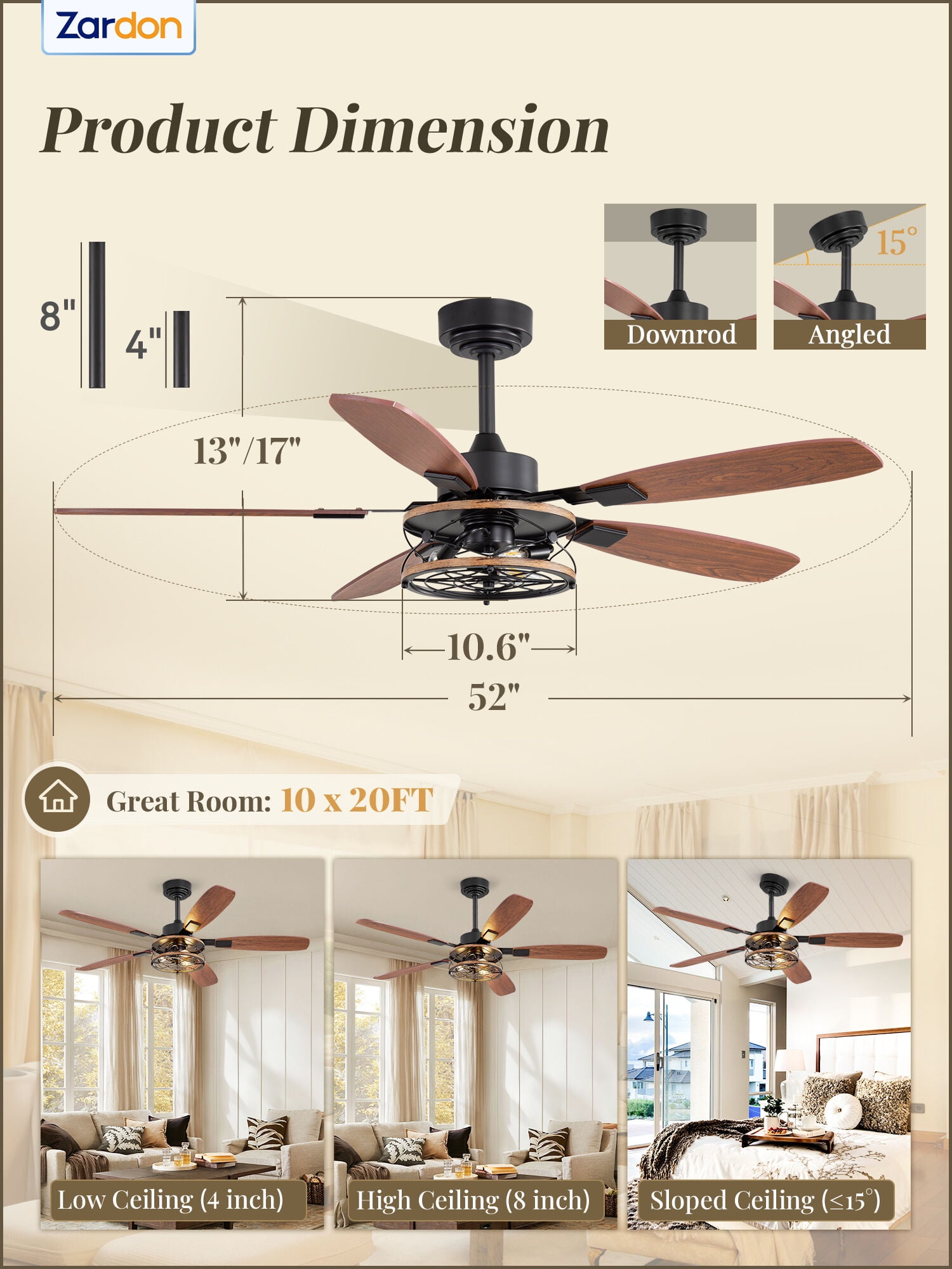 Zardon 52 Inch Farmhouse Ceiling Fan with Light and Remote Control, Quiet Reversible DC Motor, Closed Cage-like Shade, Dual-Finish Blades for Indoor