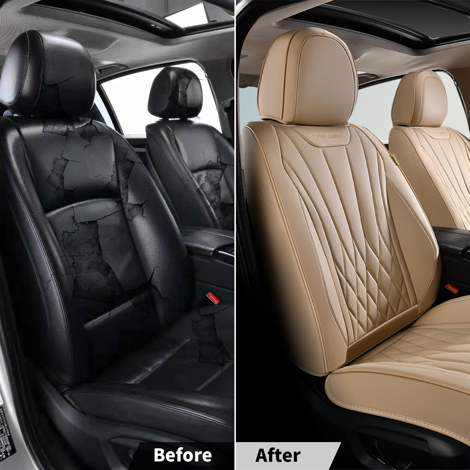 Coverado Front Car Seat Covers, Premium Leather Seat Protectors, Sleek Design Universal Fit for Most Cars, Beige