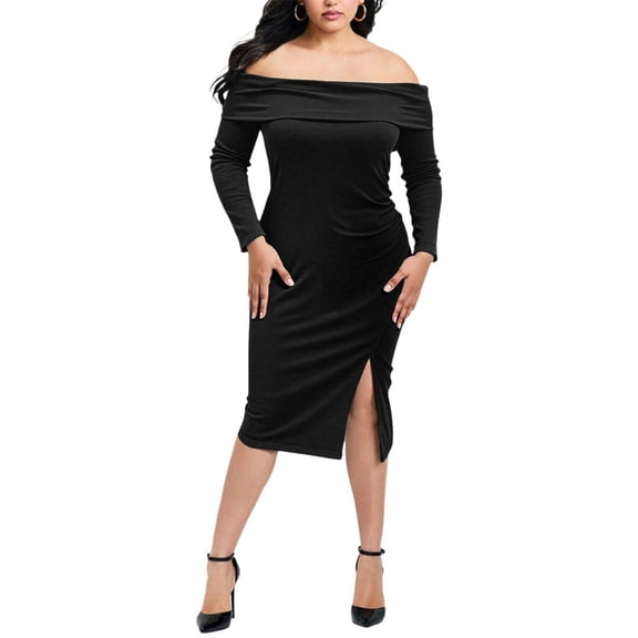 AURA Off Shoulder Bodycon Knit Midi Dress High Waist Slit Long Sleeve Solid Black S-XL