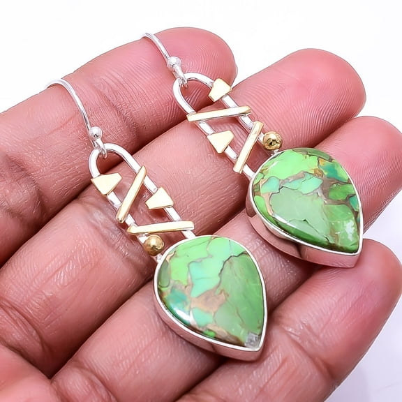 Copper Green Turquoise 925 Sterling Silver Two Tone Earring 2.11" E_9296_177_30, Beautiful Jewelry For Woman, New Year Sale, Valentin's Day Gift