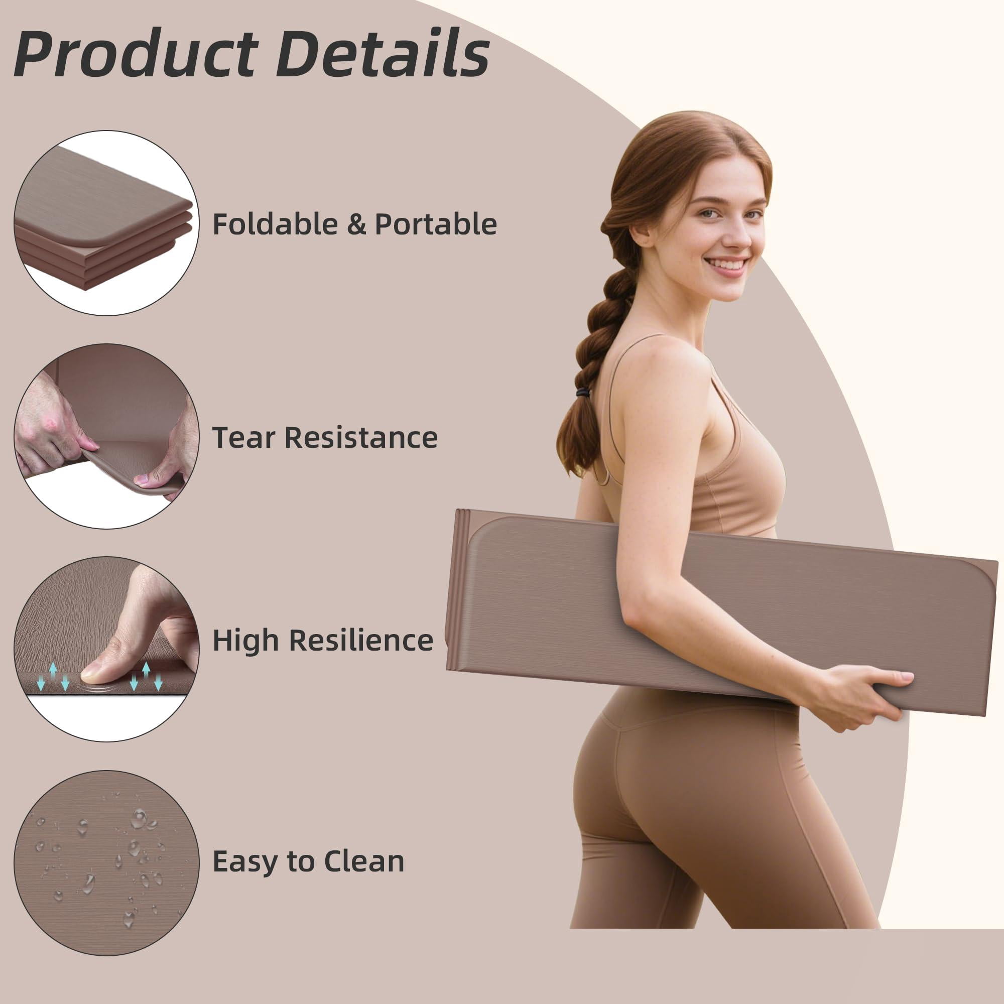 Brown Foldable Yoga Mat 74"L x32"W x 1/3" Thick for Home Workout and Travel