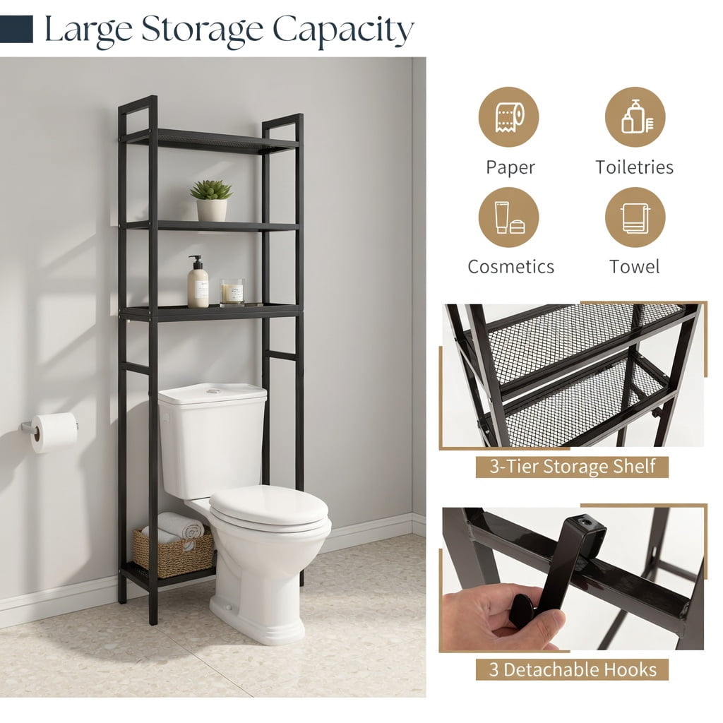 Hommoo Over-the-Toilet Storage Shelf, Heavy-Duty Metal Bathroom Organizer with 3-Tier Shelves & 3 Hooks, Space-Saving Design for Towels, Toiletries & Cosmetics, Brown