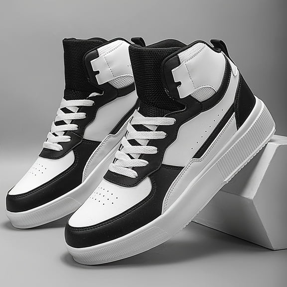 [2-Tone Sneakers] Comfortable Men's High-Top Casual Sneakers| All-Season Versatile Footwear for Everyday and Outdoor Activities | Black & White Two-Tone Design, Lace-Up, EVA Sole