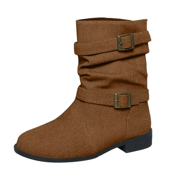 YLYL Women's Slouchy Mid Calf Boots Round Toe Low Chunky Heel Side Zipper Buckle Fashion Classic Western Boots