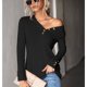 thumbnail image 3 of Top de manga larga con cuello en V, decoración de botones de color sólido, Top informal de gofre para mujer para otoño invierno negro L, 3 of 7