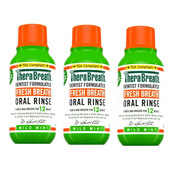 3 Pack - TheraBreath Fresh Breath Mouthwash, Mild Mint, Alcohol-Free, Travel Size, 3 fl oz