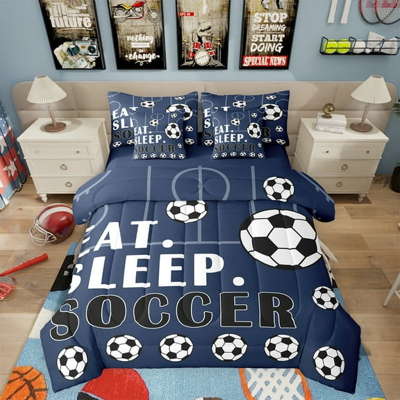 Soccer Twin Comforter Set with Sheets Sports Bedding Sets Football Bed in a Bag Soccer Ball Games Bed Set Football Room Decor Teen Sheets 7 Pcs Navy Blue