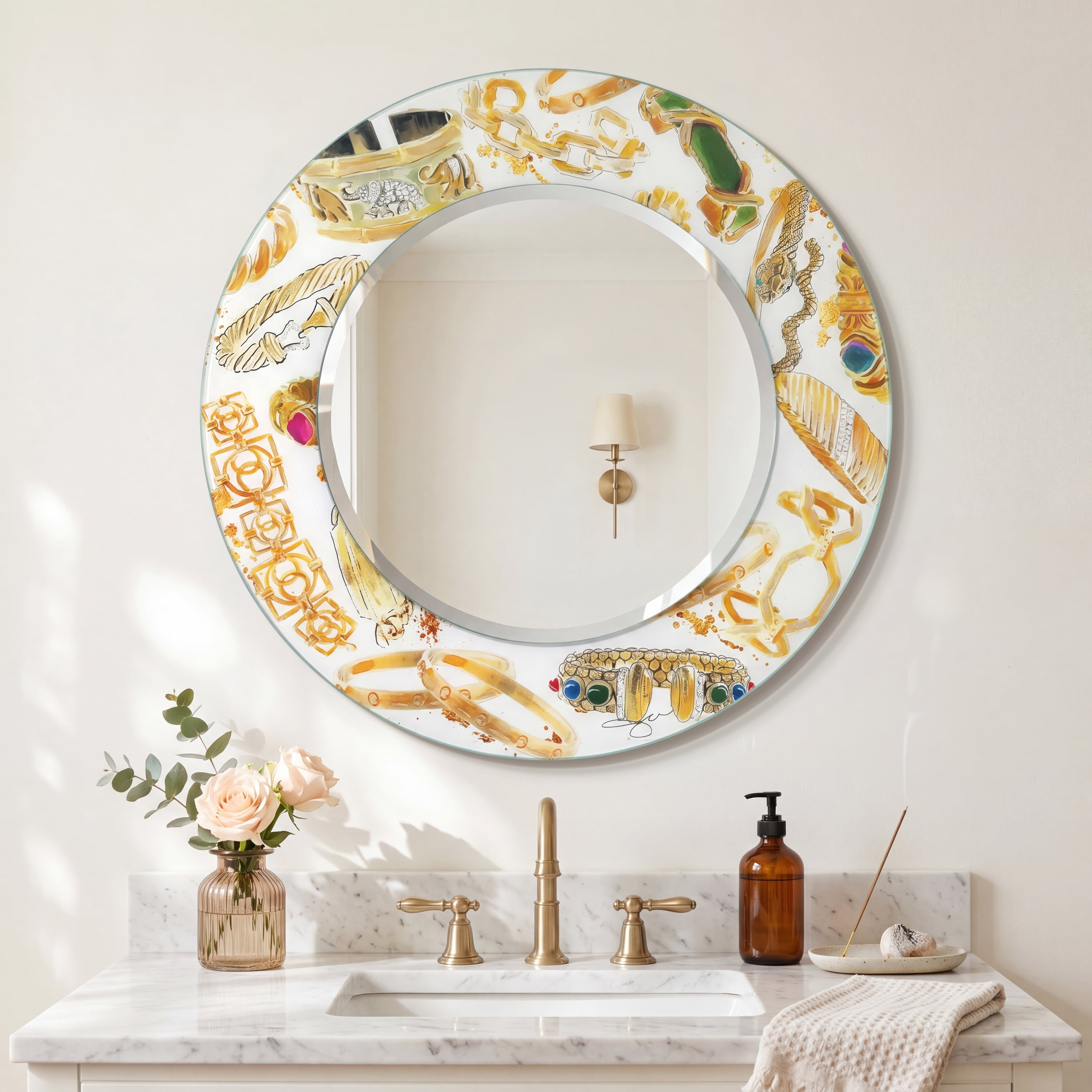 Empire Art Direct 36" Square Reverse Printed Tempered Art Glass with 24" Round Beveled Mirror - 36 in. x 0.4 in. x 36 in. Gold Gold, White