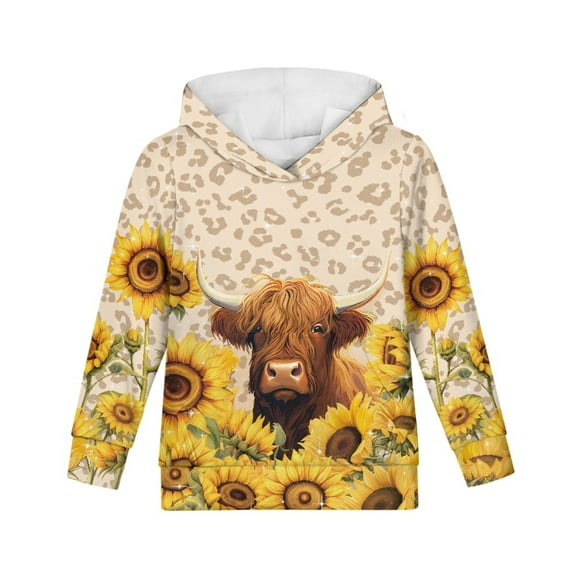 Xoenoiee Boys Hooded Sweatshirt Pullover Hoodie Long Sleeve Top Fall Active Clothing Winter Playwear for Kids Walking Hiking Traveling, Sunflower Highland Cattle Print, M