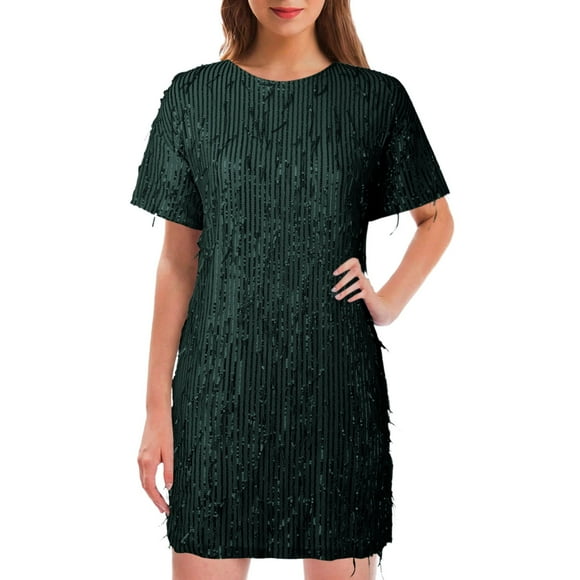 TJAZFJPA Engagement Party Dress Women's Fringed Sequin Loose Short Sleeve Dress Plus Size Maxi Dresses for Women Boho Dresses for Women