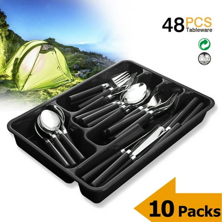- Silverware Set Moxinox 10 Packs 48 Piece Flatware Tableware Plastic Handle Steak Knife Spoons Forks Knives Box Fork with Cutlery Tray (Black)