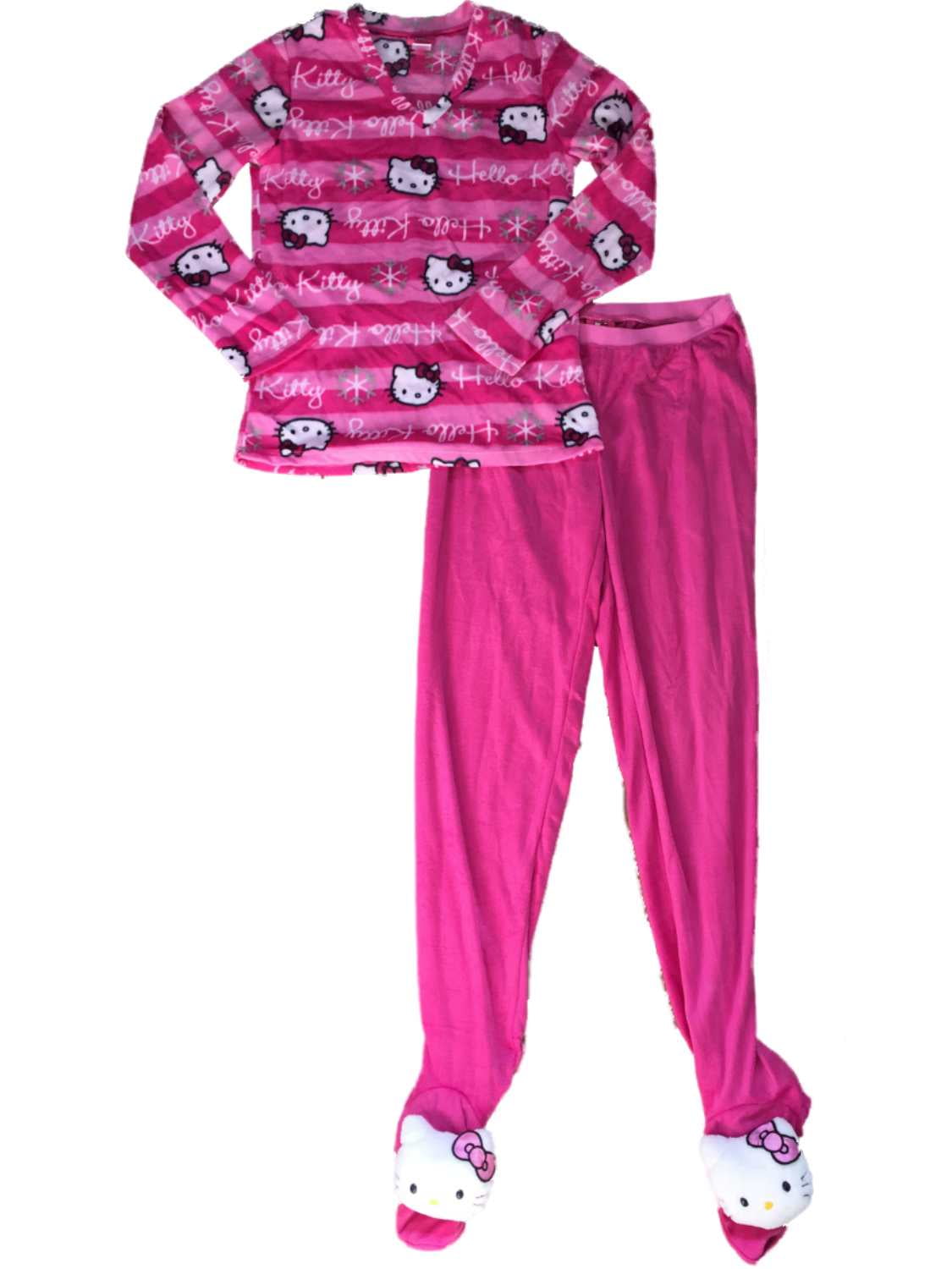 Hello Kitty Womens Hot Pink Striped Hello Kitty Cat Fleece Pajamas