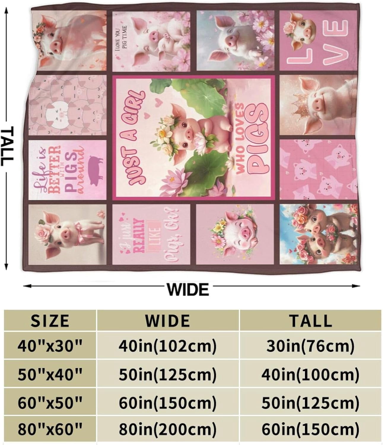 Pink Pig Blanket Who Loves Pigs Blankets for Women Flowers Fleece Cozy Flannel Warm Soft Fuzzy Plush Funny Animal Print for Sofa Bed Decor Gifts for Pig Lovers Users Men Women 80"x60"