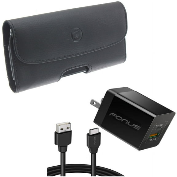 36W PD Home Charger & Case Belt Clip for iPhone 15 Pro - Fast Type-C 6ft Long Cable USB-C Power Cord and Leather Holster Cover Pouch R8O for iPhone 15 Pro (6.1")