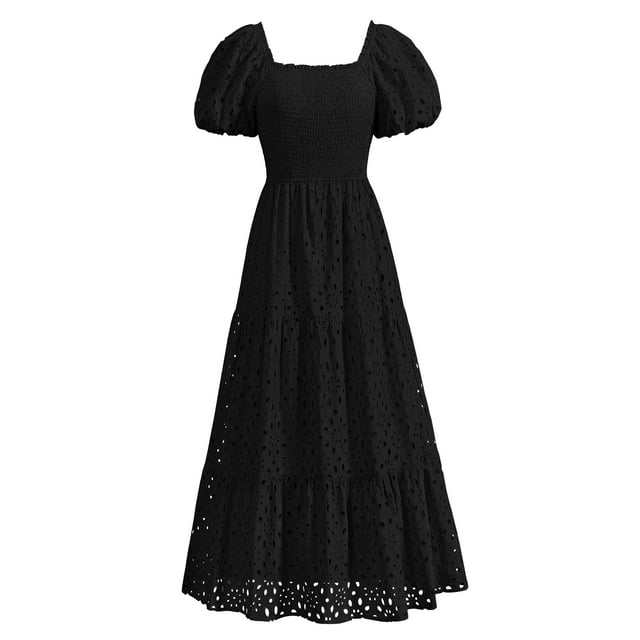 Vestido de verano PRETTYGARDEN 2025 con ojales y cuello cuadrado y manga abullonada