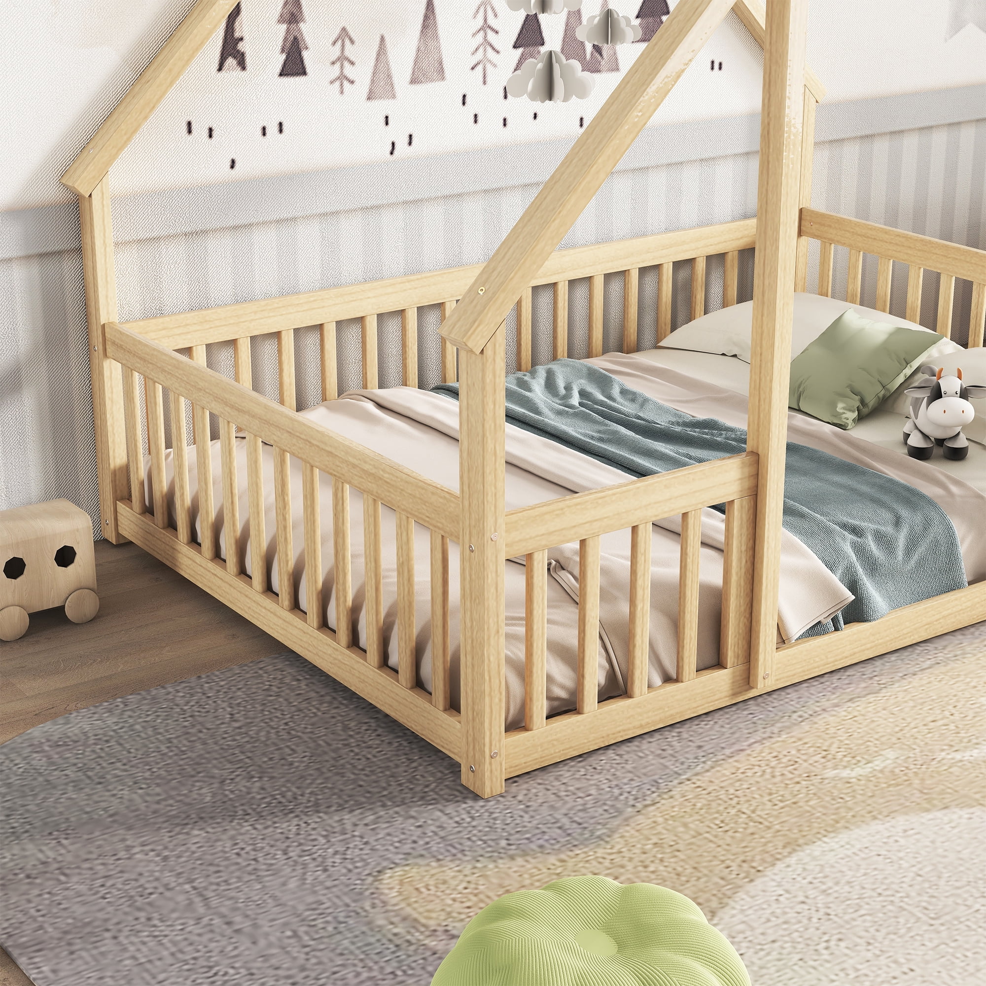 Miniyam Wood Full Size House-Shaped Floor Bed with Guardrails for Kids, Natural